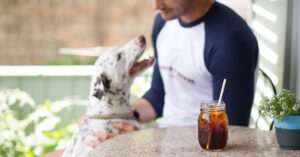 man pets dalmation on patio with cool drink