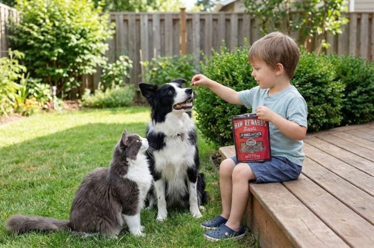 small boy holding out Treats for dogs and cats to a Border collie and gray and white cat outside