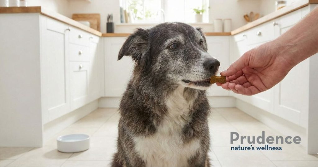 Prudence Hip & Joint soft chew being fed to a senior dog.