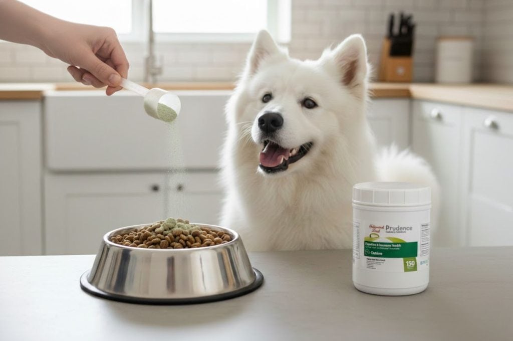 Prudence Digestive & Immune Health sprinkled over dog kibbles with a happy dog waiting