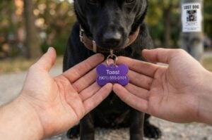 Person reading the pet id tag on a lost black dog's collar