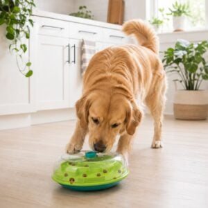 Golden Retriever playing with a pet enrichment toy