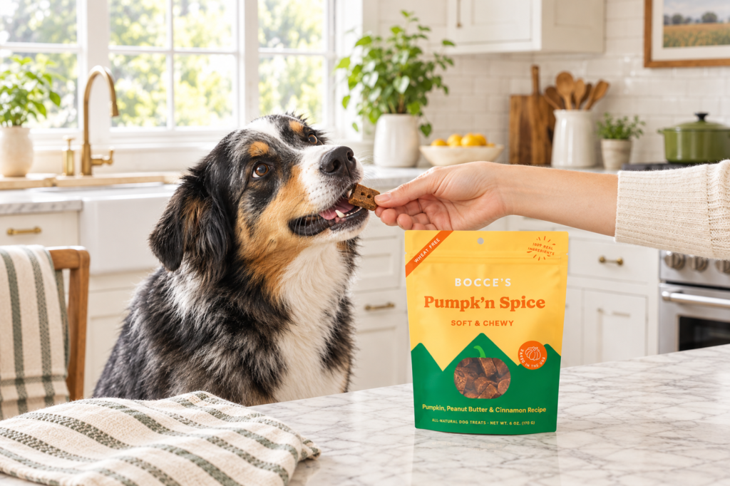 Dog taking soft & chewy dog treat with coconut glycerin